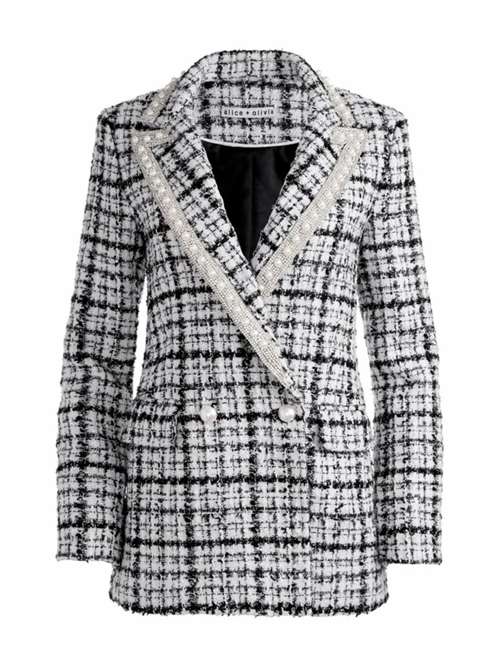 Alice + Olivia Justin Tweed Black and White Blazer with Pearl Trim